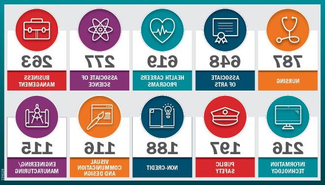 各专业获得奖学金人数为:1人. Nursing, 787 students; 2. Associate of Arts, 648; 3. Health Careers, 619; 4. Associate of Science, 277; 5. Business Management, 263; 6. Info Technology, 216; 7. Public Safety, 197; 8. Non-credit, 188; 9. 视觉传达 & Design, 116; 10. 工程/制造,115年.